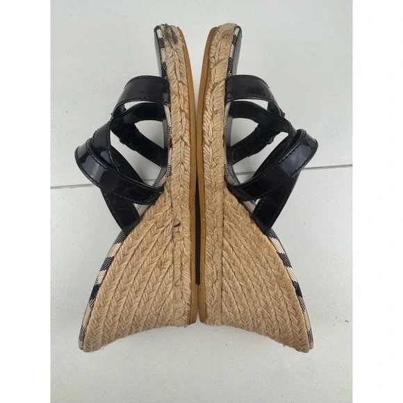 Burberry Haymarket Check Espadrille Wedge Sandals Black Patent Leather 38 7.5 8 - Picture 4 of 9